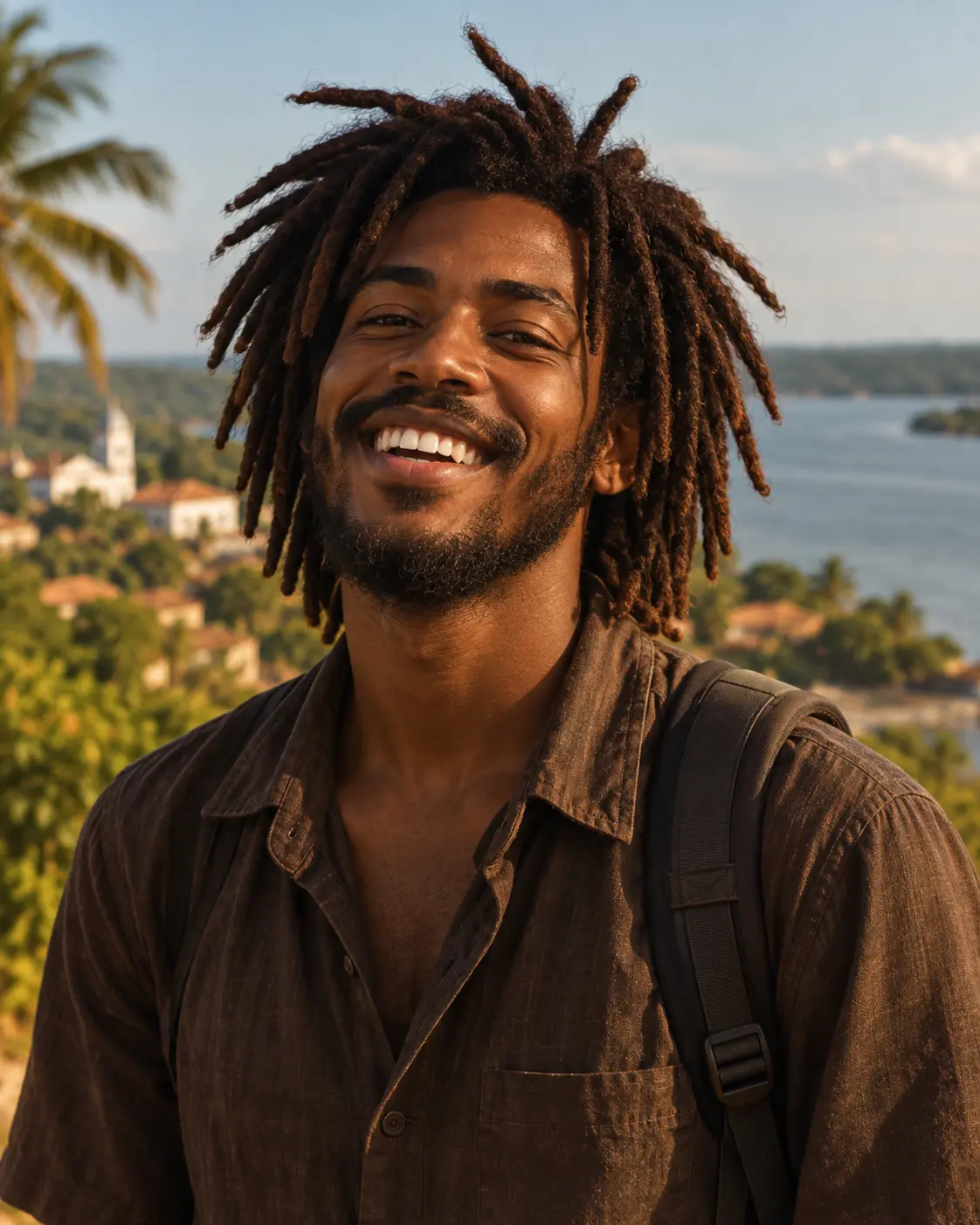 Criador de conteúdo com dreadlocks sorrindo ao ar livre